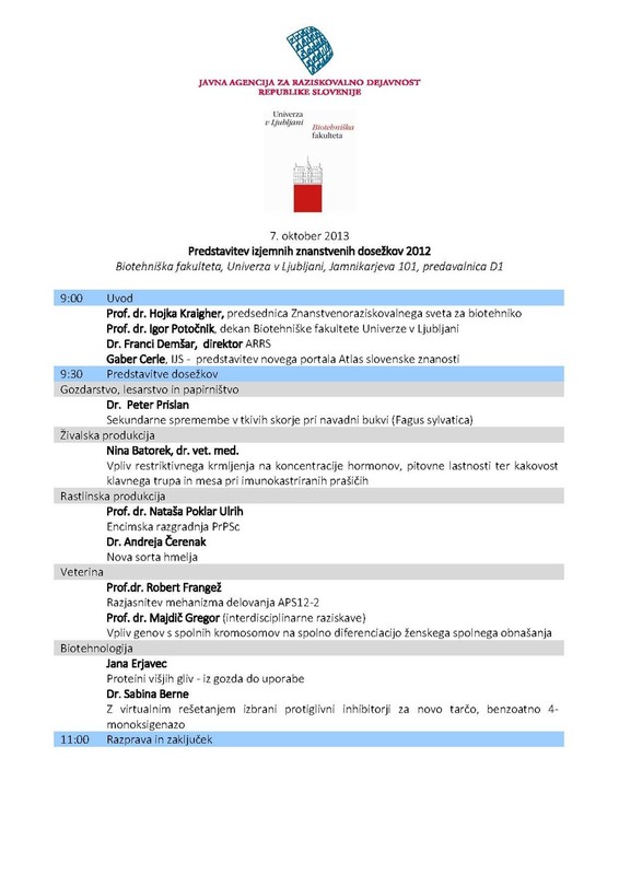 Predstavitev izjemnih znanstvenih dosežkov v letu 2012, s področja biotehnike